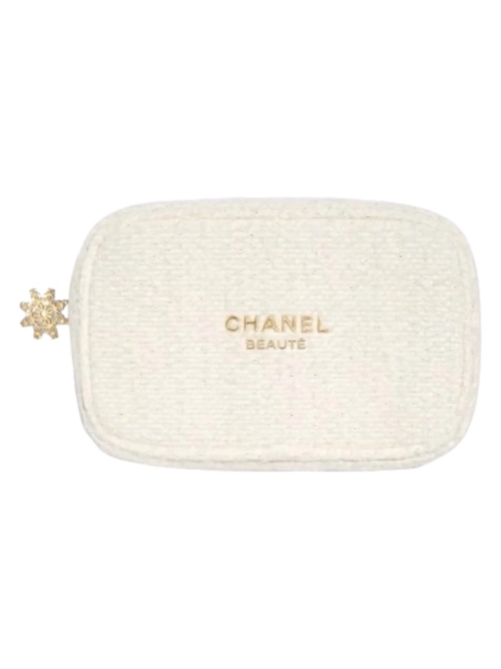 CHANEL Limited Edition White Ivory Tweed Cosmetic Makeup Bag Gold CC